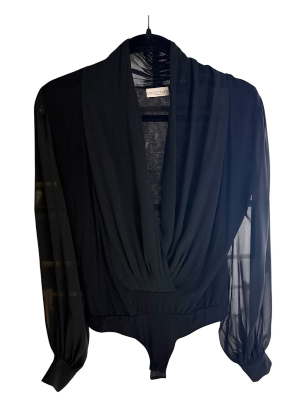 eva mendes for New York & Company Black Draped V-Neck Sheer-Sleeve Bodysuit